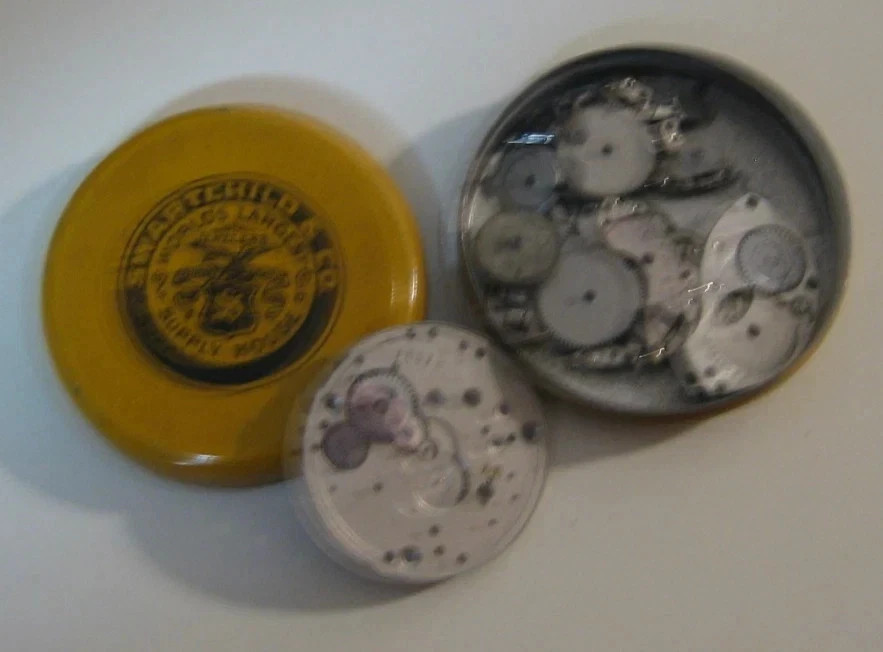 ANTIQUE SWARTCHILD & CO JEWELERS TIN WATCH PARTS STEAMPUNK REPAIR PARTS