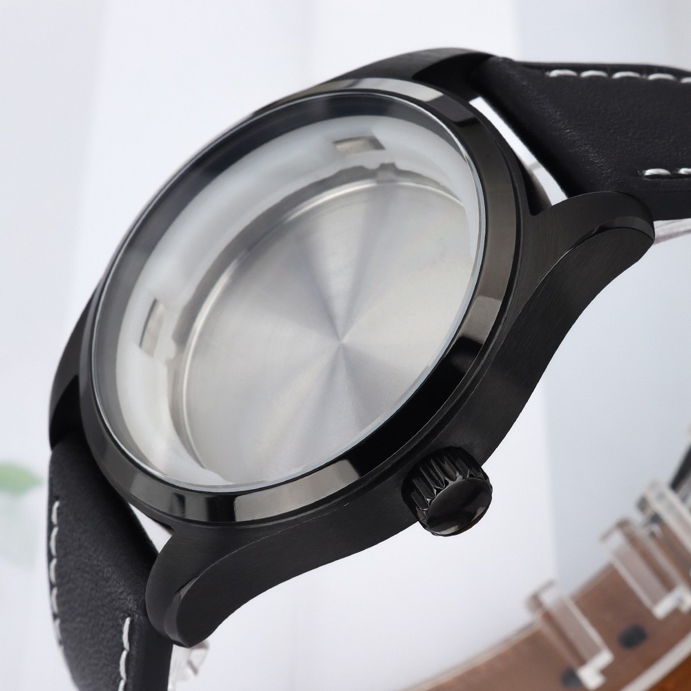 Aviator Watch Case PVD Black 40mm+Calfskin Band For Seiko NH35 ETA 2824 Movement