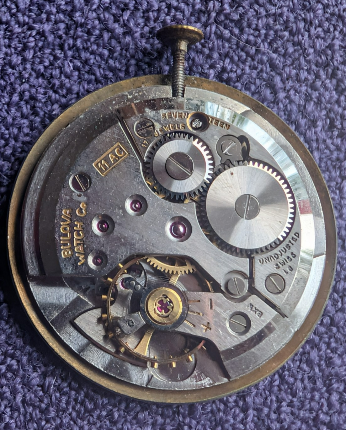 Vintage Bulova 11 AC Stem Wind 17j Men’s Wristwatch Movement Subdial for Parts