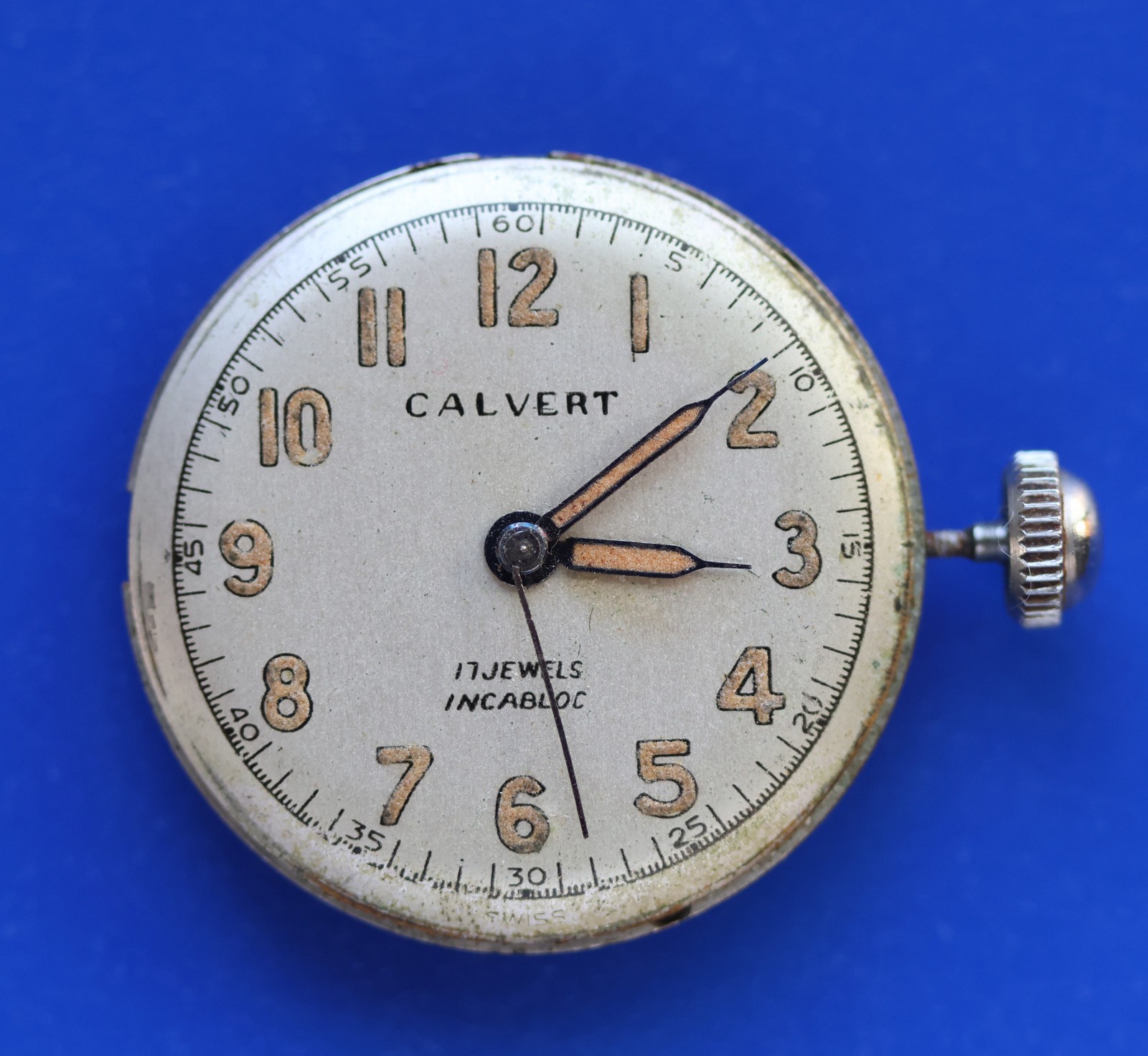 Vintage Calvert Military Style Watch Swiss 17 Jewels Movement Parts Only 26.1mm