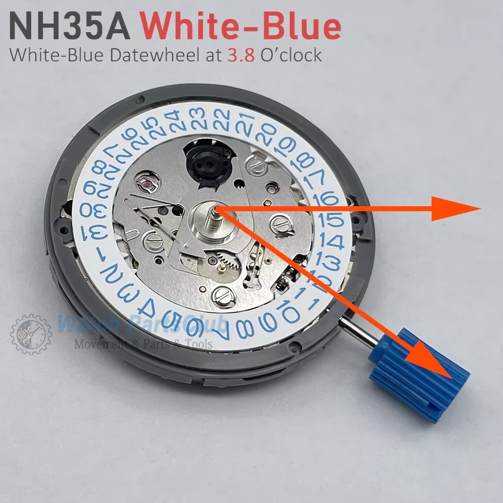 SUPER Japan TMI NH35A Movement White-Blue Date-wheel 3.0/3.8 Crown Blue Text