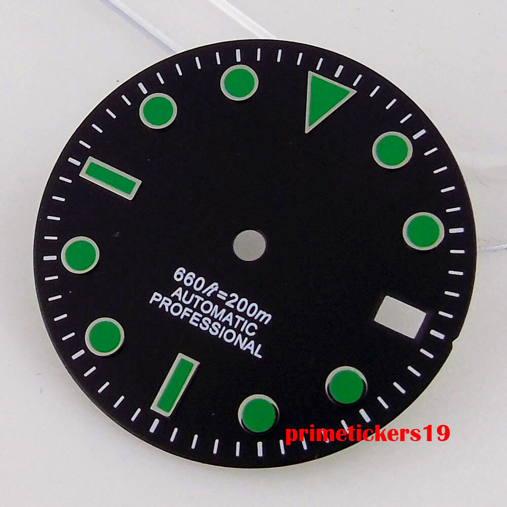 28.5mm Black/White/Green Sterile Watch Dial Face Hands Date Window Fit NH35 Movt