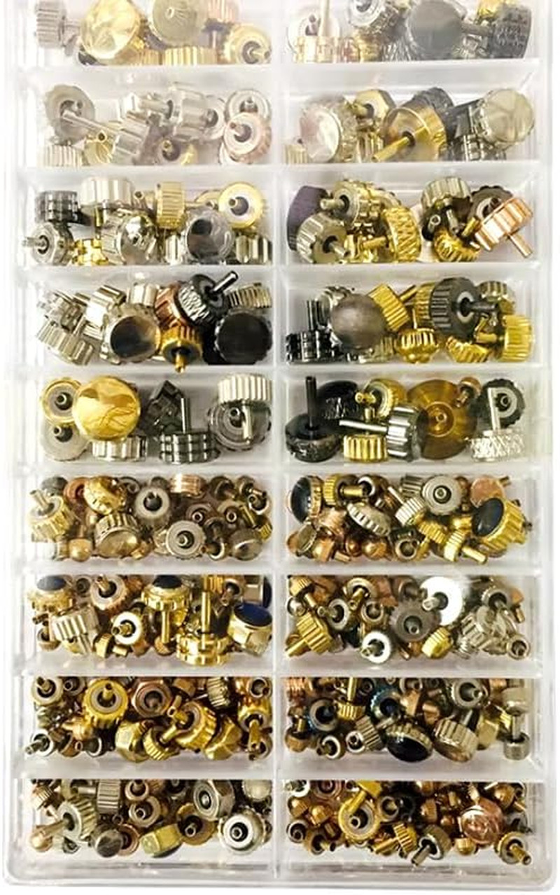 150PCS Watch Crown Parts Assorted Replacement Crowns Silver Bronze Copper Kit