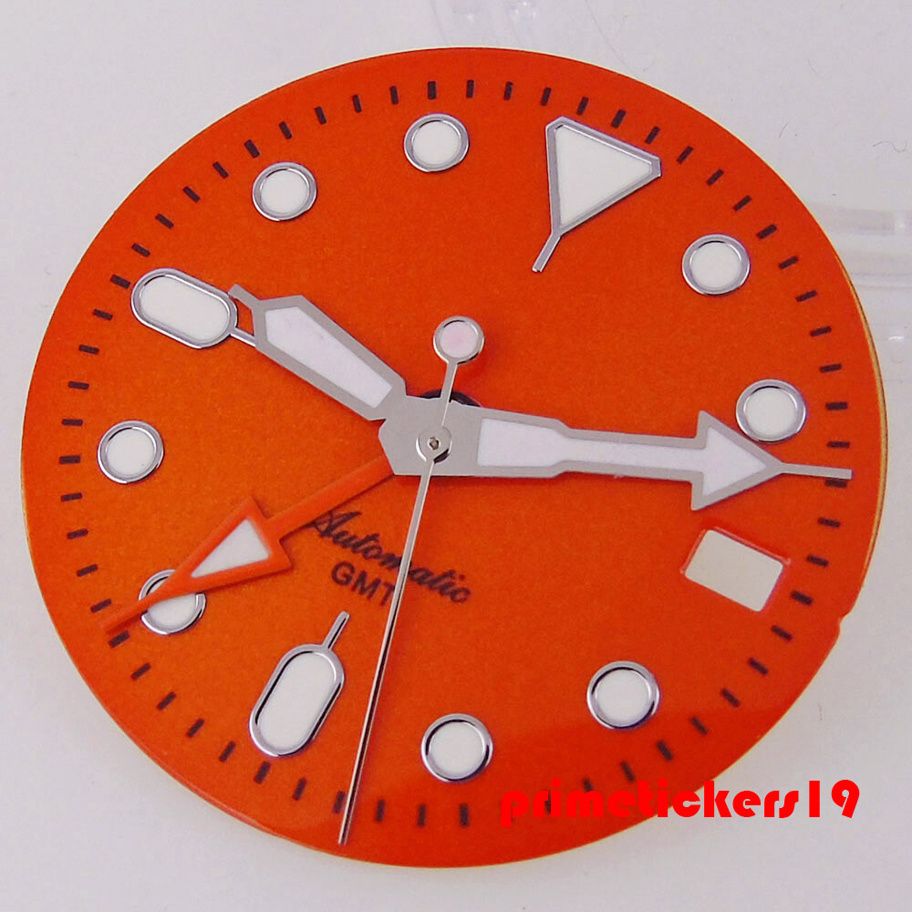 Fit NH34 GMT Movt 29mm Sterile Watch Dial Black Orange Face Date Hands Luminous