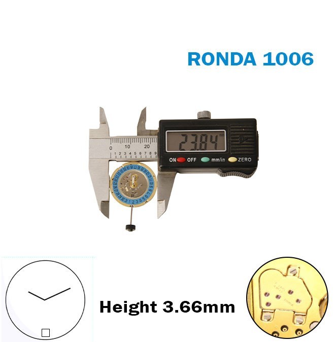 RONDA 1006 Swiss Watch Movement–2 Hands-Blue Disk At 6-0 Jewels-H:3.66mm.