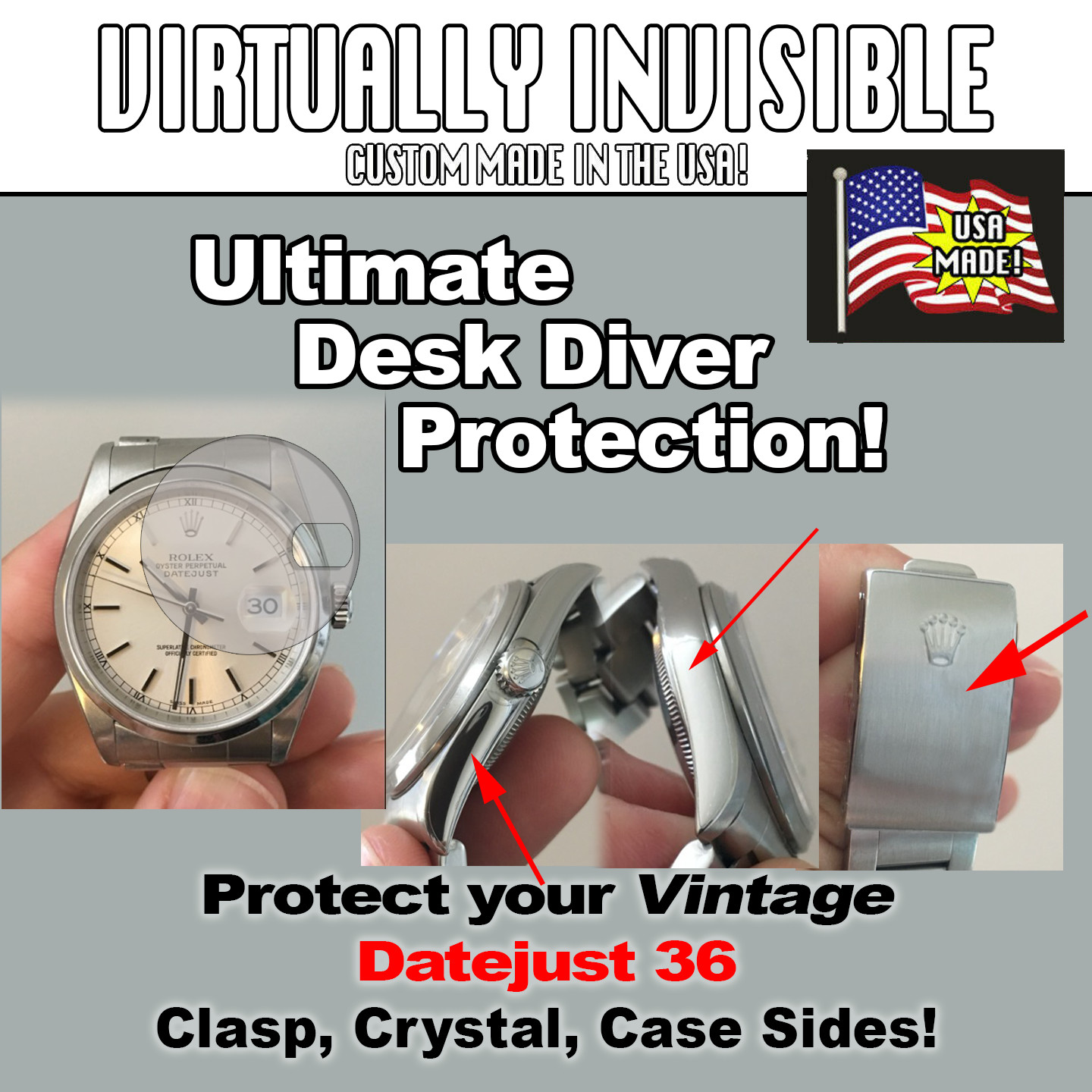 Compatible w/Rolex Datejust Vintage 36 Clasp Sides Crystal HD Protectors -Set x2