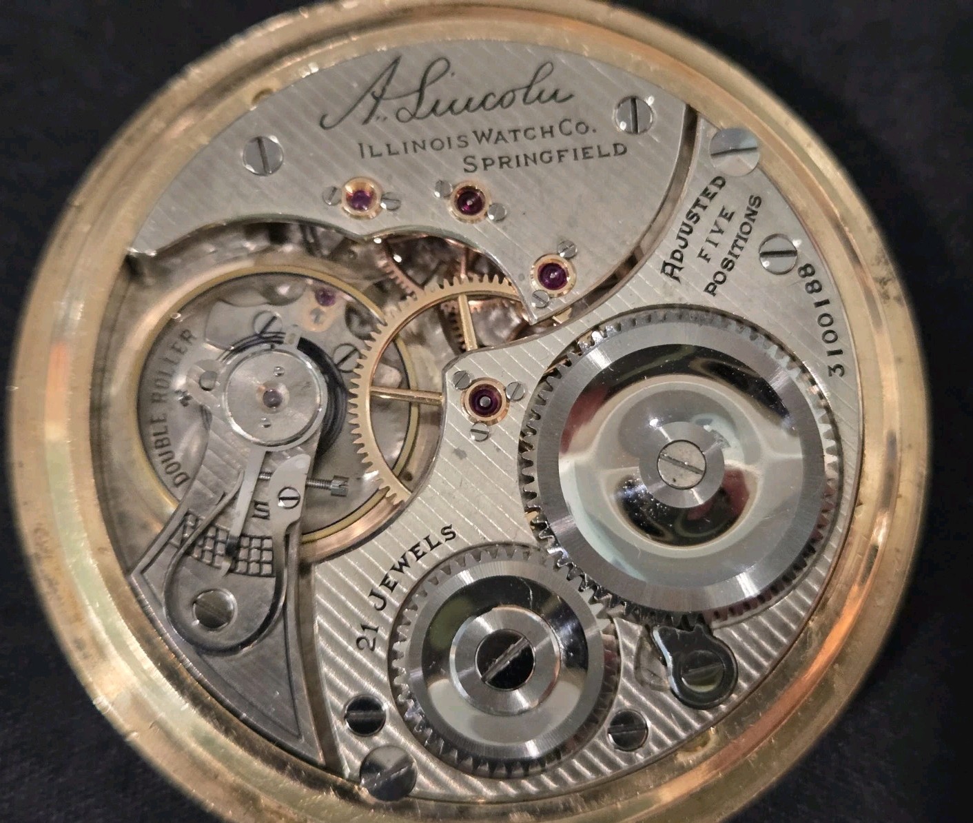 1917 Illinois A. Lincoln 16S 21 Jewels Railroad Pocket Watch Movement Runs