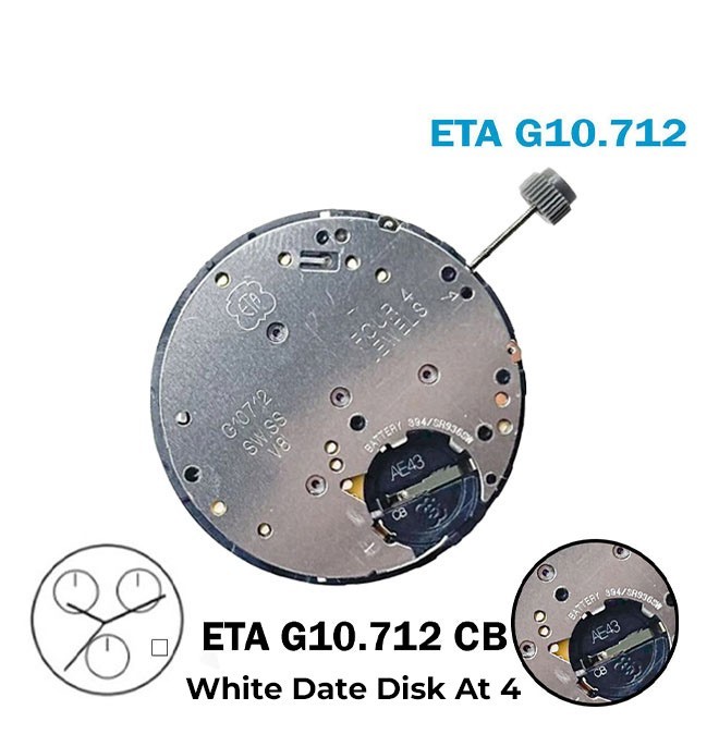 ETA G10.712 CB Swiss Made Movement-White Date Disk at 4-Chronograph.
