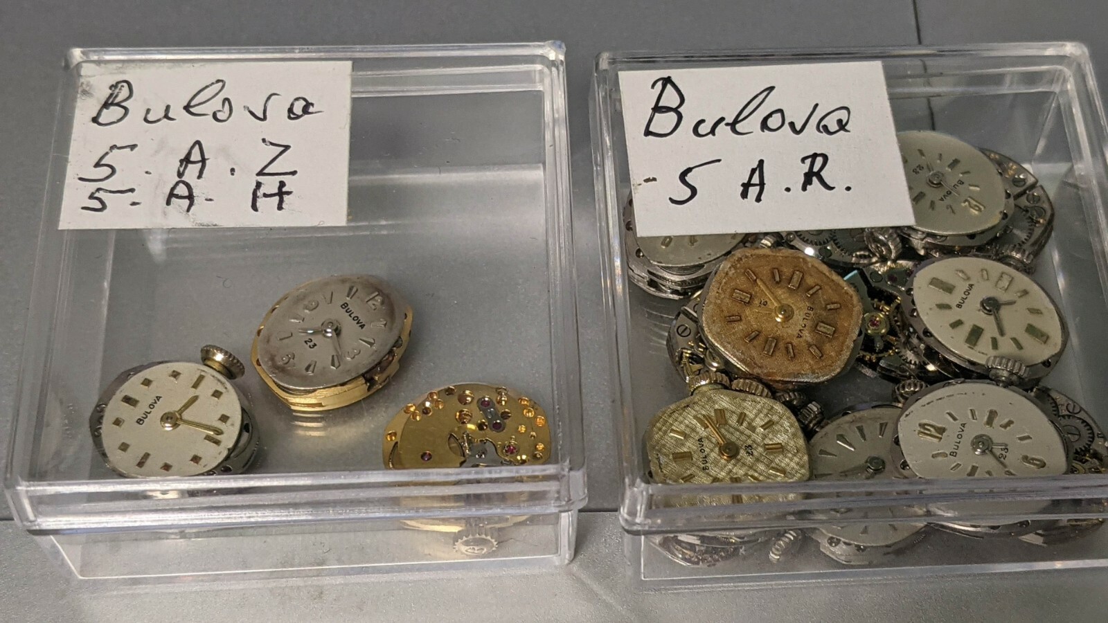 1 Lot of Bulova Watch movements: 5 AZ, 5 AH, 5 AC, 5 BC, 5 AR (28 movements tota
