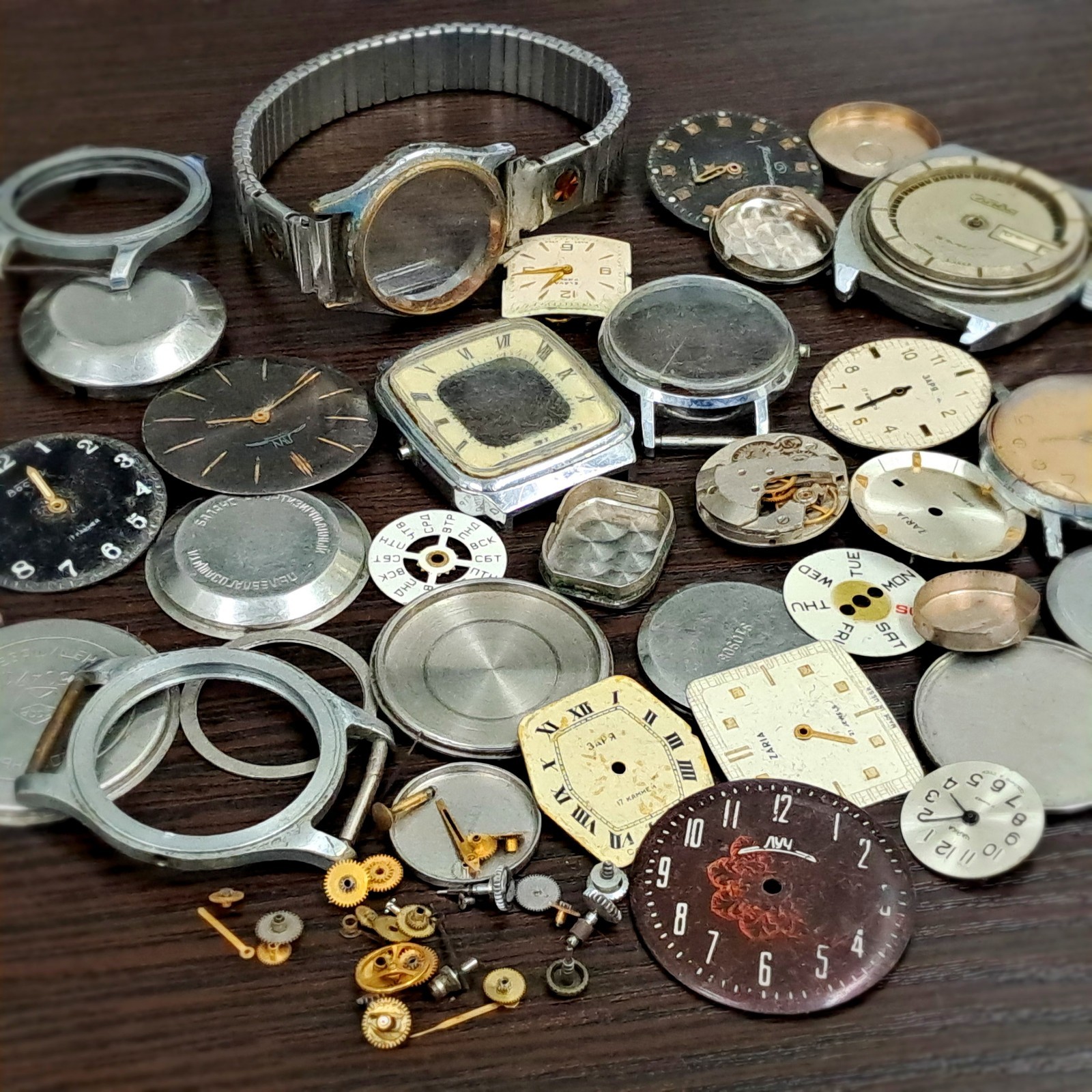 Vintage Soviet Watch Parts Lot– Raketa, Pobeda, Slava, Zarja – Cases, Dials–USSR