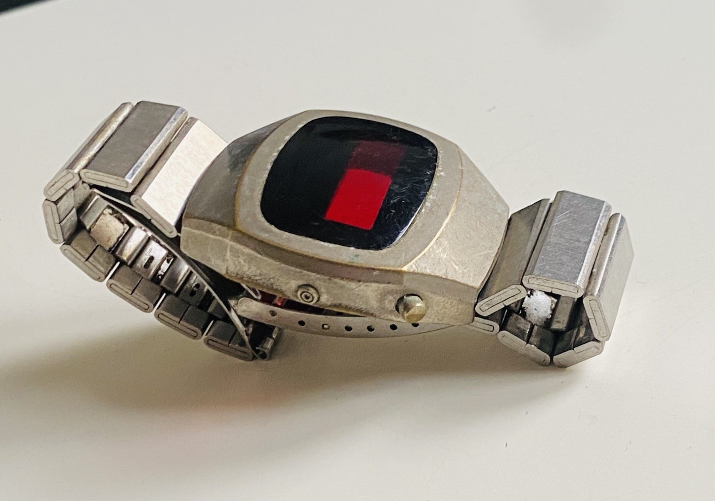 VINTAGE LED WATCH PARTS 1970s Silver Red Glass Frame and Strap Only NO INSIDES