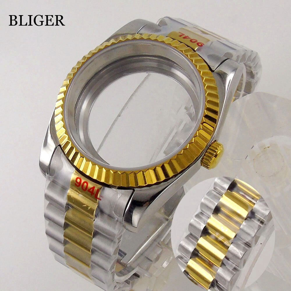 36MM/39MM Rose Gold Watch Case Fluted Bezel fit NH35 PT5000 President Bracelet