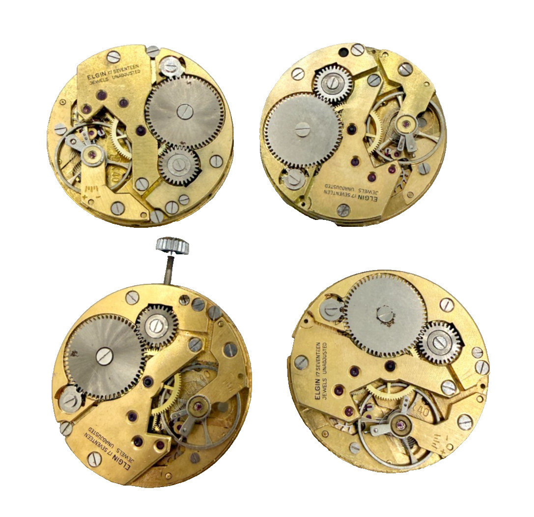 Lot of 4 Vintage 17j Elgin Pocket Watch Movements
