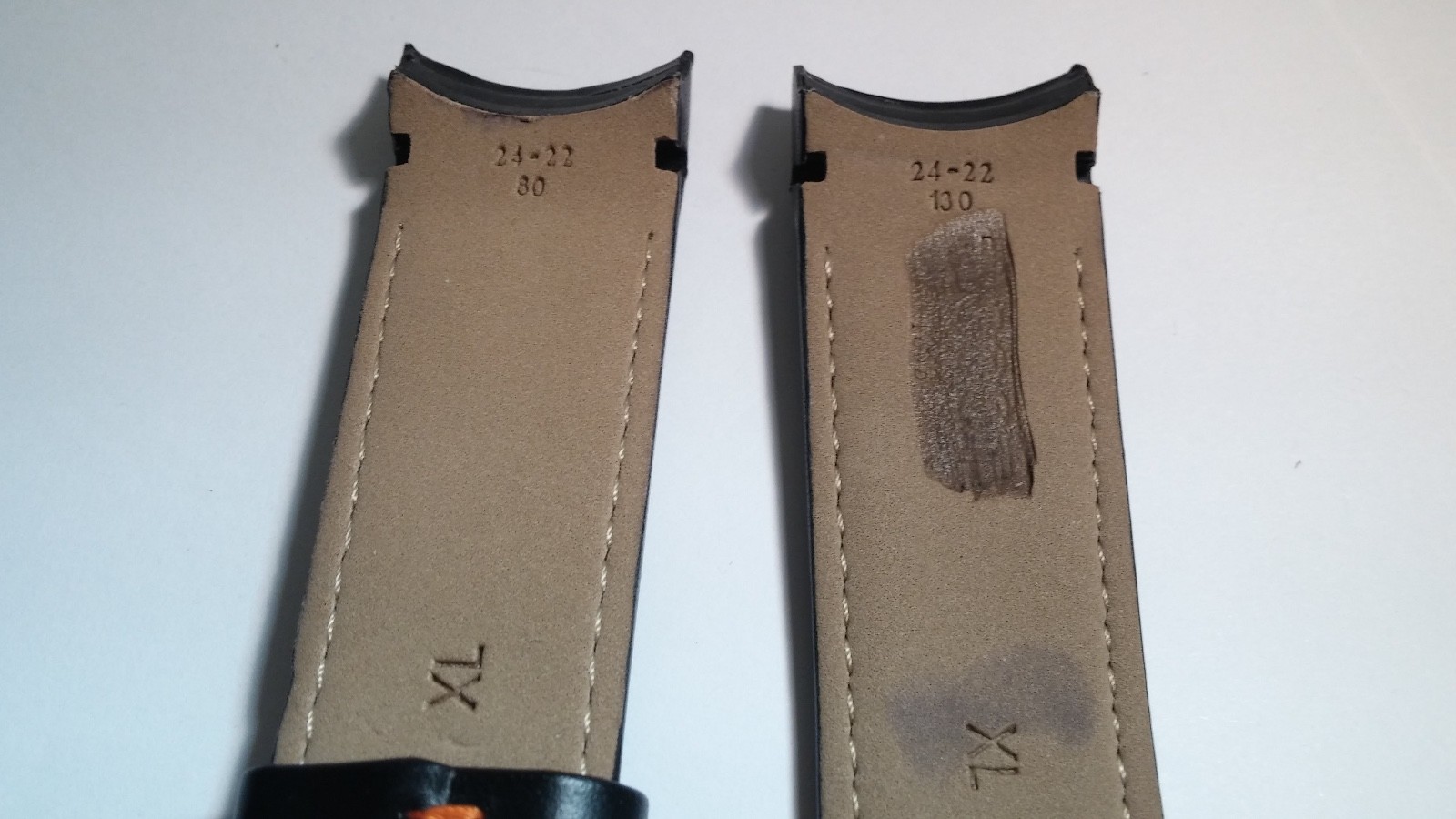 Tissot band/strap Black leather with orange stitch, curved ends, Genuine 24/22mm