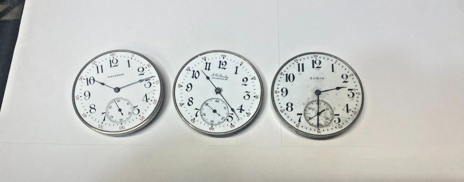 3 Pocket Watch Movements – Waltham – Elgin -N.R. Bailey Dill Sbrg.PA. AS IS