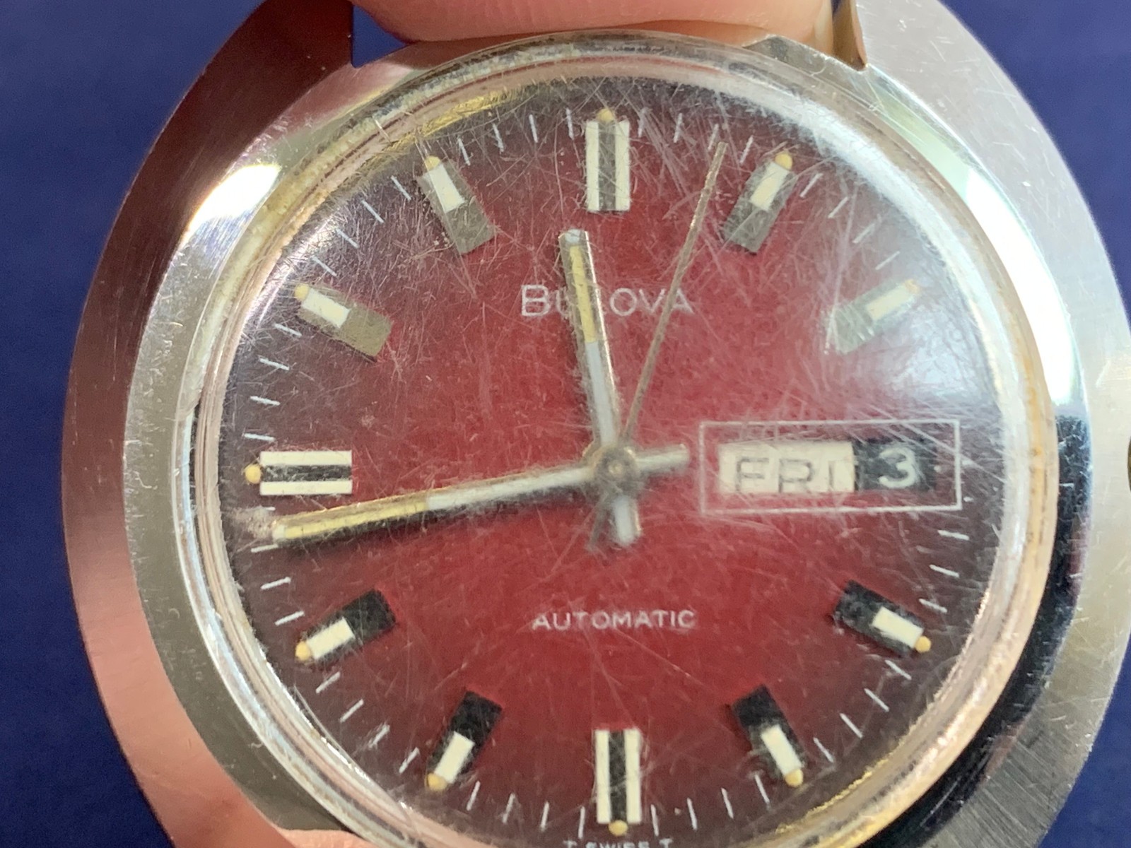 Vtg Bulova Mens Automatic Watch Face Red Dial Day Date Calendar *RUNNING*