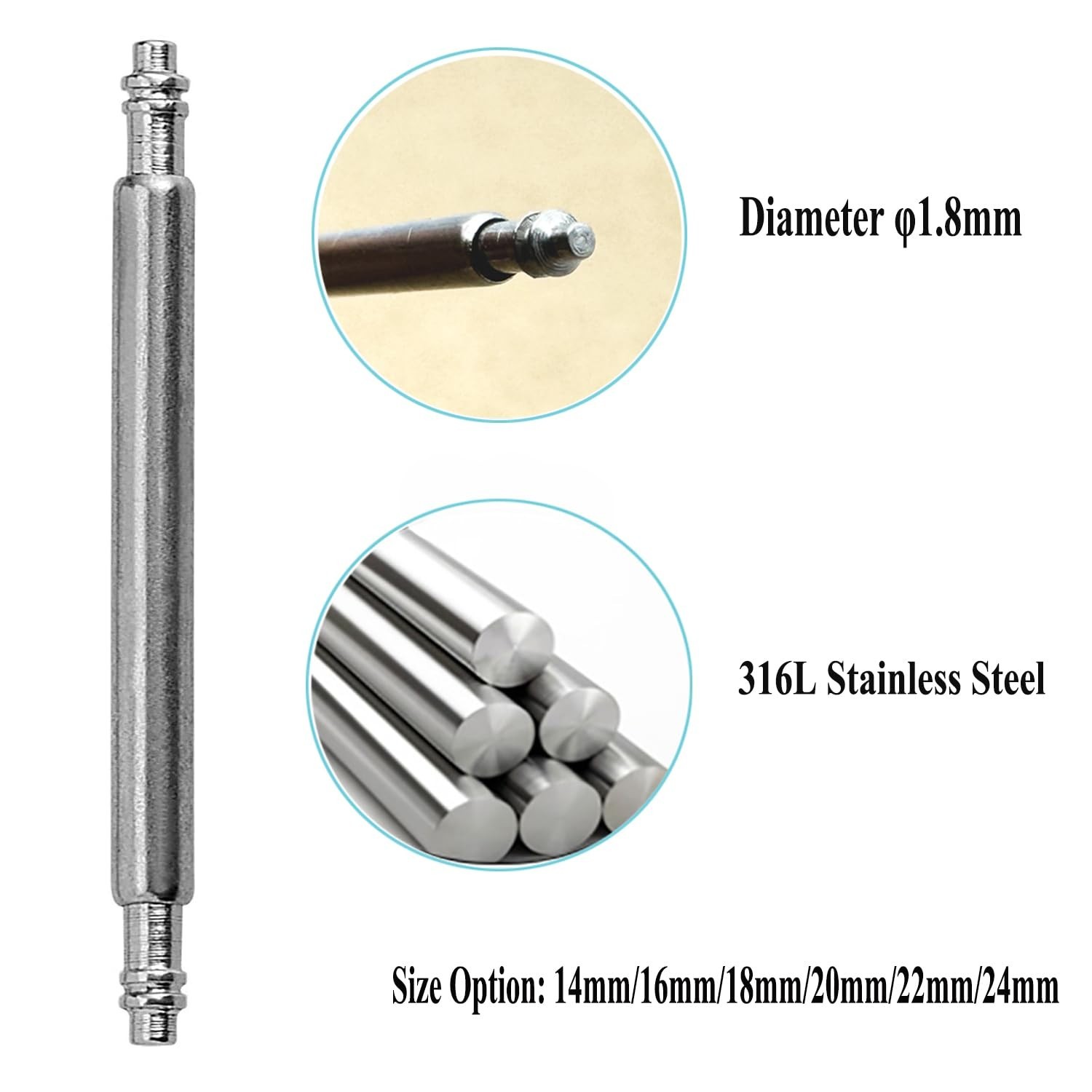 14mm 16m 18mm 20mm 22mm 24mm Spring Bars, Watch Pins φ1.8mm Diameter 10pcs