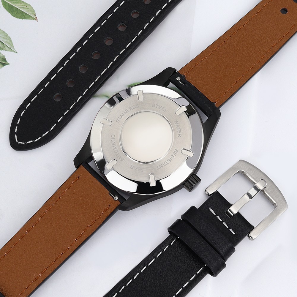 Aviator Watch Case PVD Black 40mm+Calfskin Band For Seiko NH35 ETA 2824 Movement