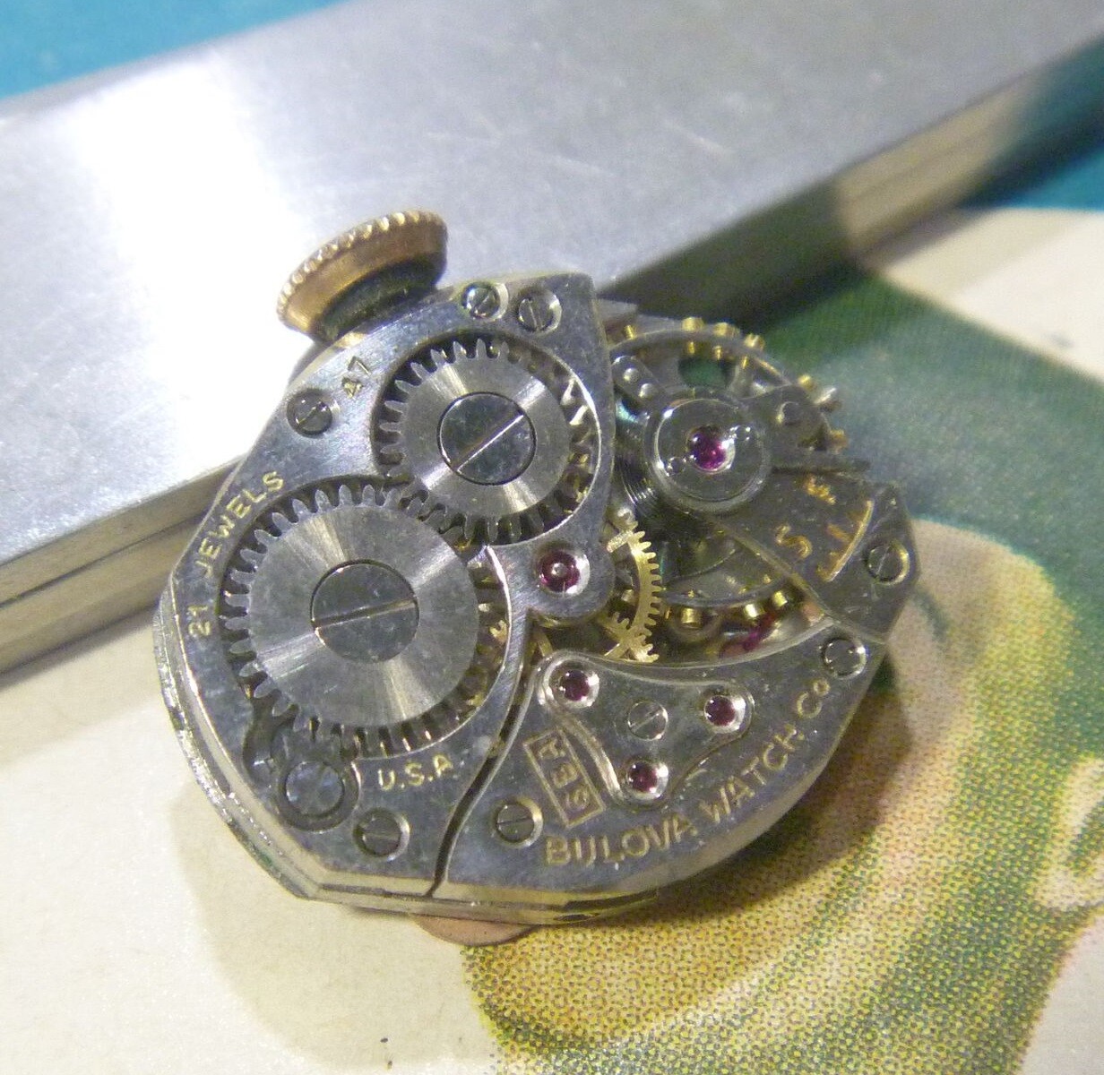 1947 Bulova Watch Co. Caliber 6BA 21J Mov’t ROSE Dial Hands SIGNED Rose Crown!!