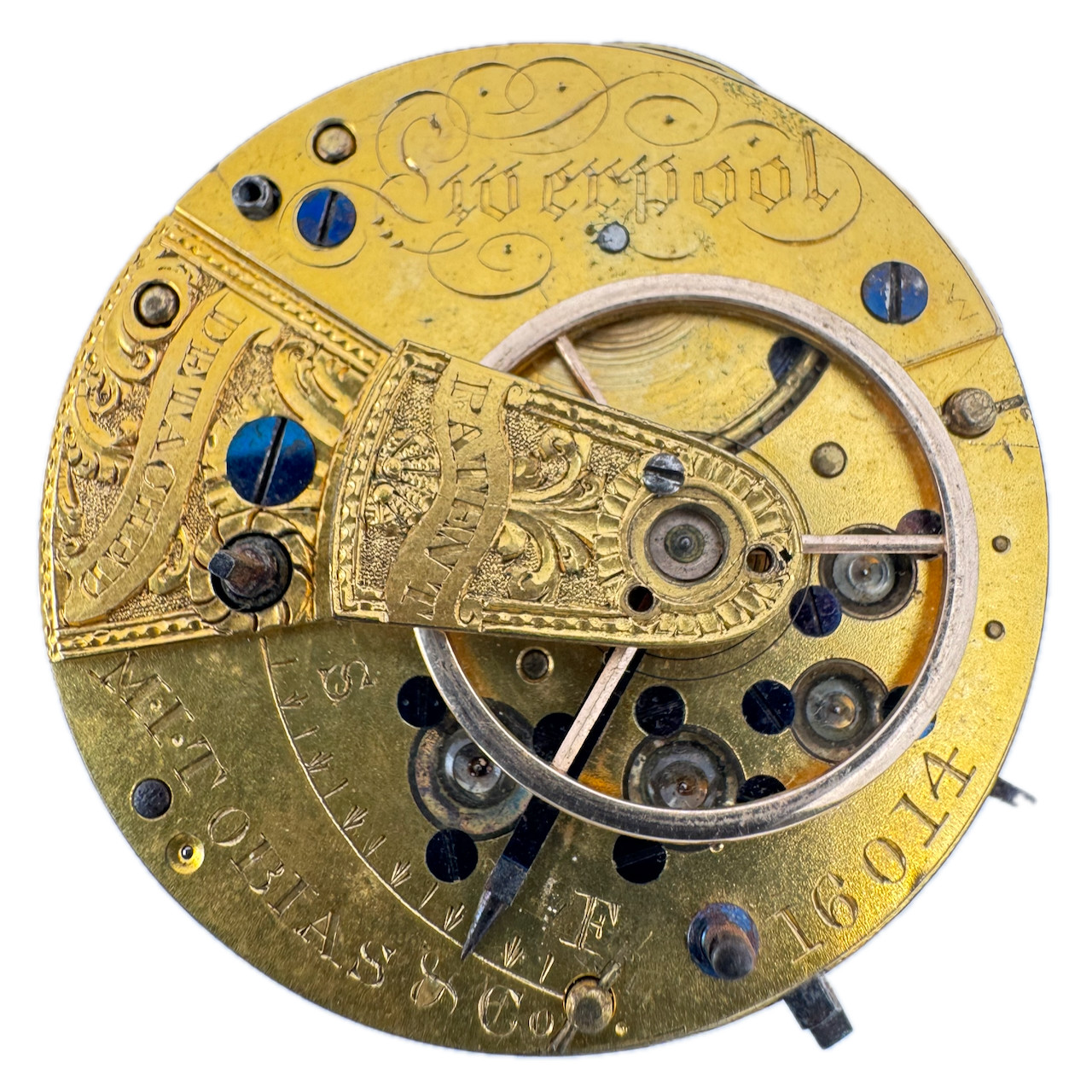 Antique 38mm M.I. Tobias & Co. Liverpool Key Wind Fusee Pocket Watch Movement