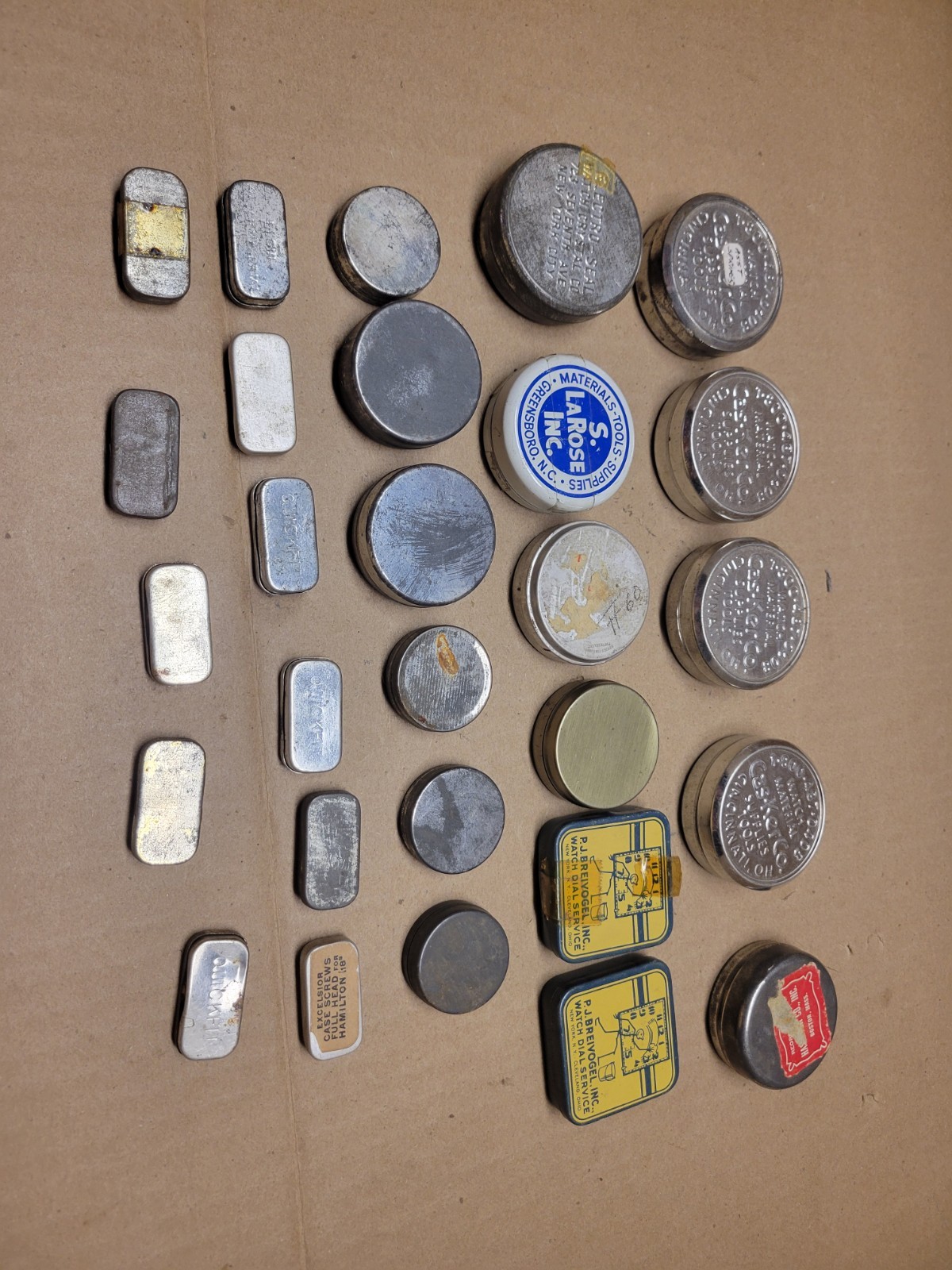 28 Watchmaker Tins for Parts or Movements Complete with Lids Signed Wide LT5