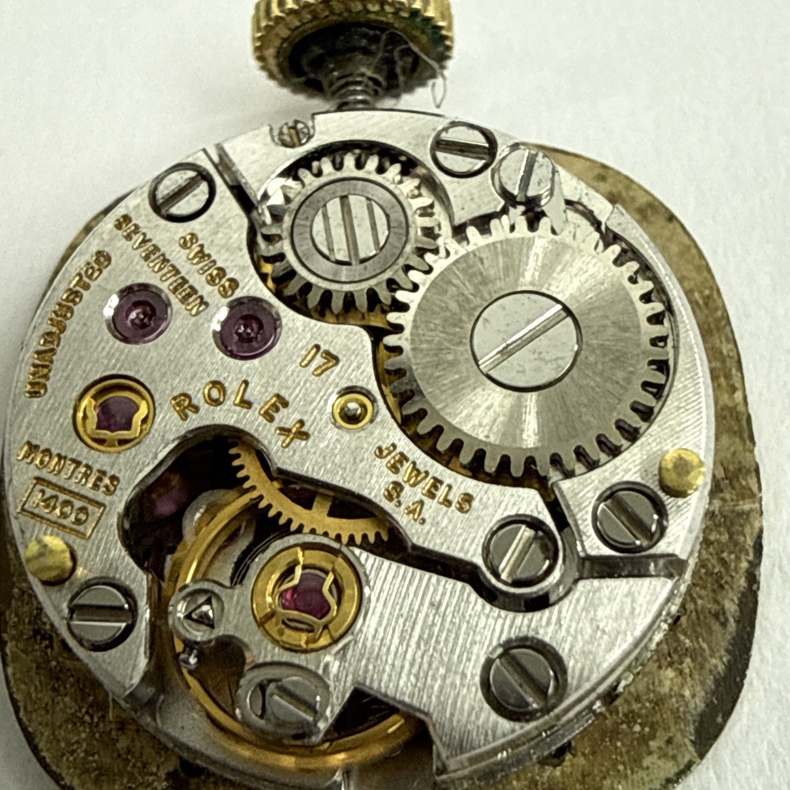 Genuine Rolex 1400 Complete Movement 18k Gold Dial Hands Crown Working Perfect