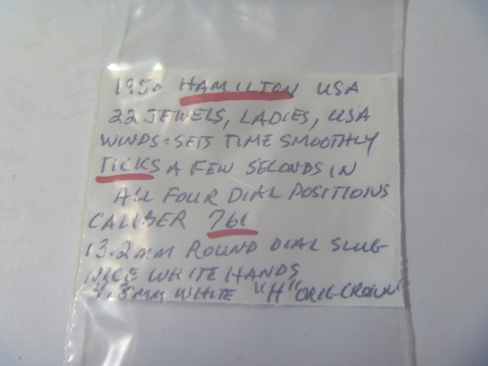 1950 Hamilton Ladies 22 Jewels Caliber 761 Movement 13.2mm Dial Hands- TICKS !!