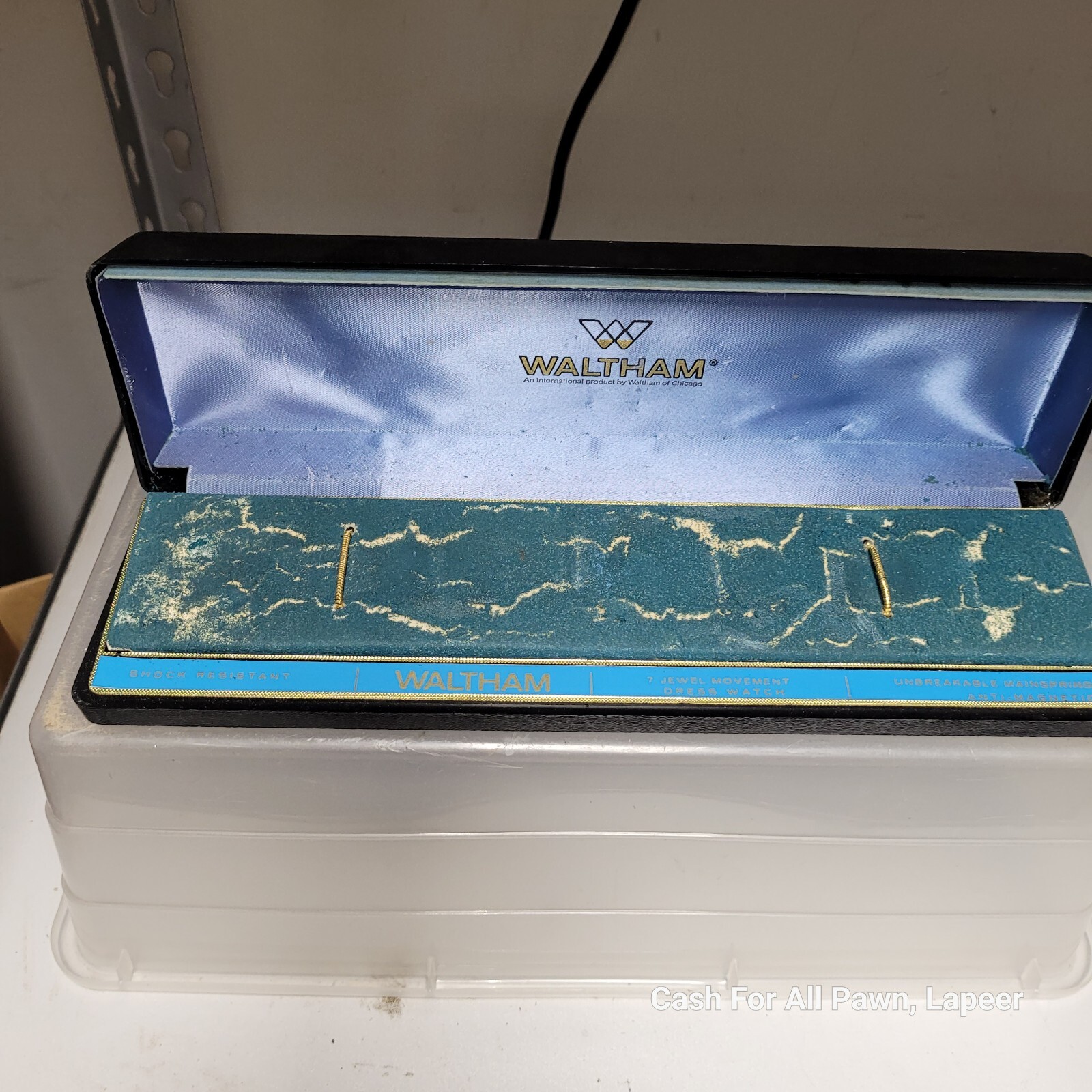 vintage waltham watch box 7 jewel movement dress retro black gold box only