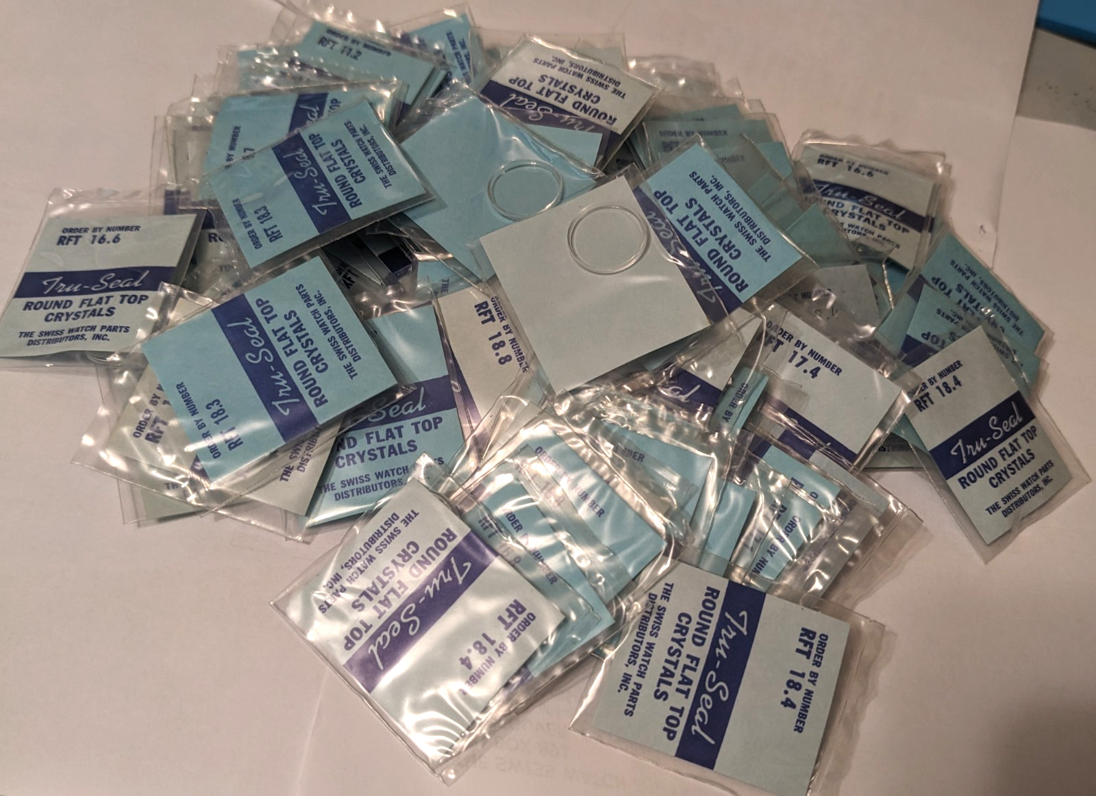 Tru-Seal round flat top crystals for ladies watches Made in England Lot of 110 p