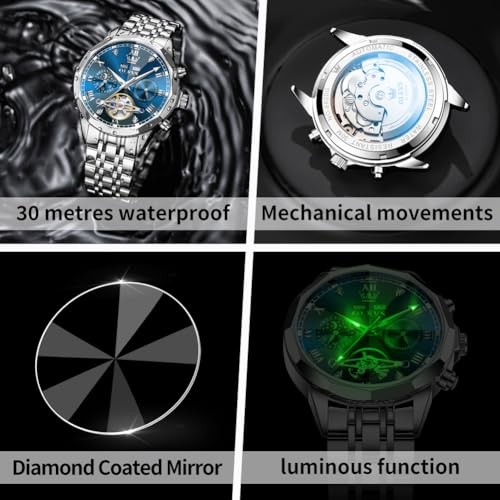 Men Automatic Watch Diamond Skeleton Mechanical G6620: Silver band & Blue dial