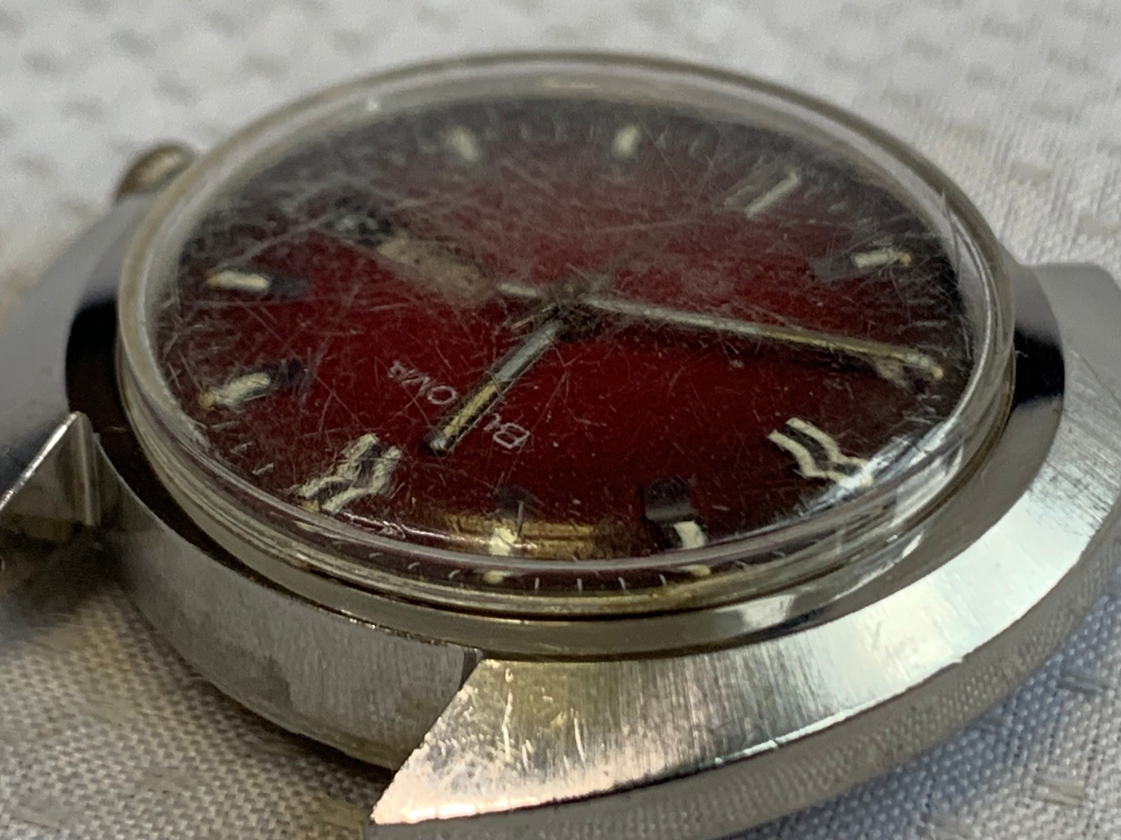 Vtg Bulova Mens Automatic Watch Face Red Dial Day Date Calendar *RUNNING*