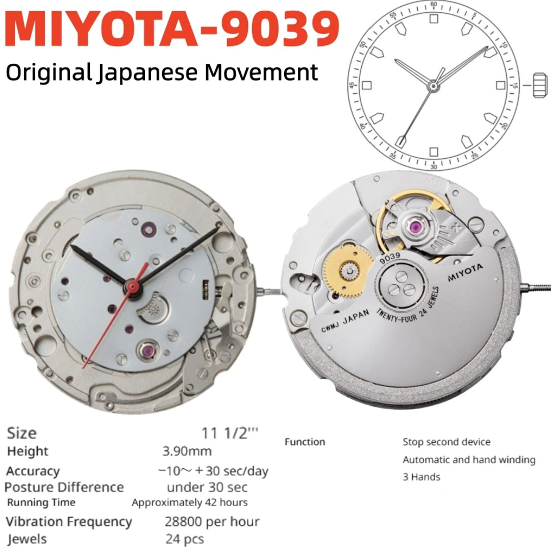 Miyota 9039 Mechanical Watch Movement True No-Date Automatic 24 Jewels Caliber