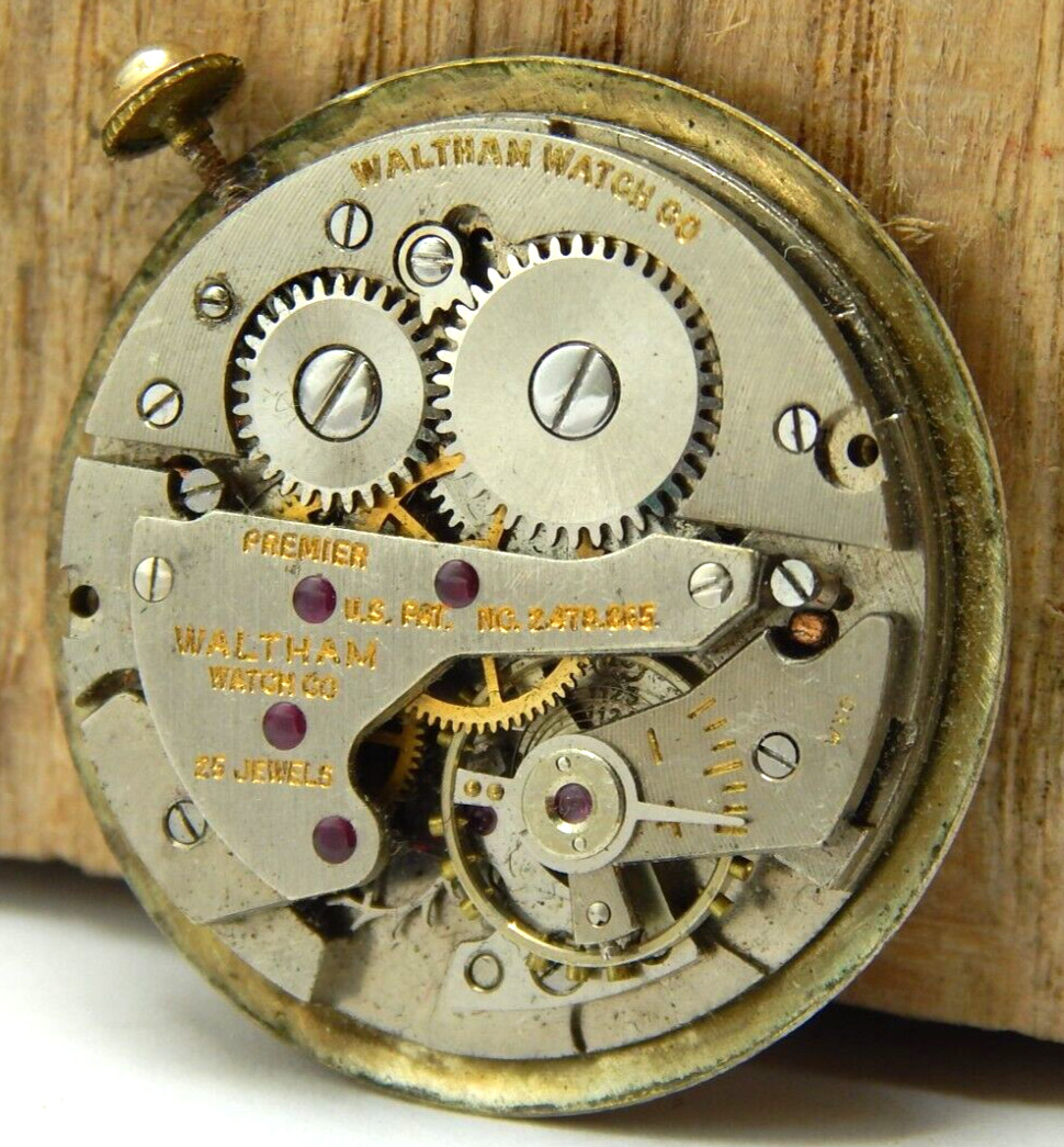 Vintage Waltham Premier 25 jewel men’s wrist watch movement with hands and crown