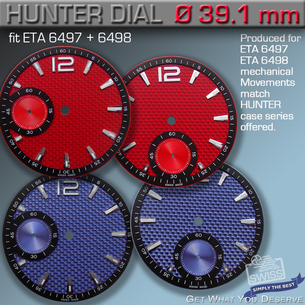 DIAL HUNTER Ø 39.1 MM FOR MOVEMENT ETA UNITAS 6497/98,CARBON,RED/BLUE, Ref 05-08