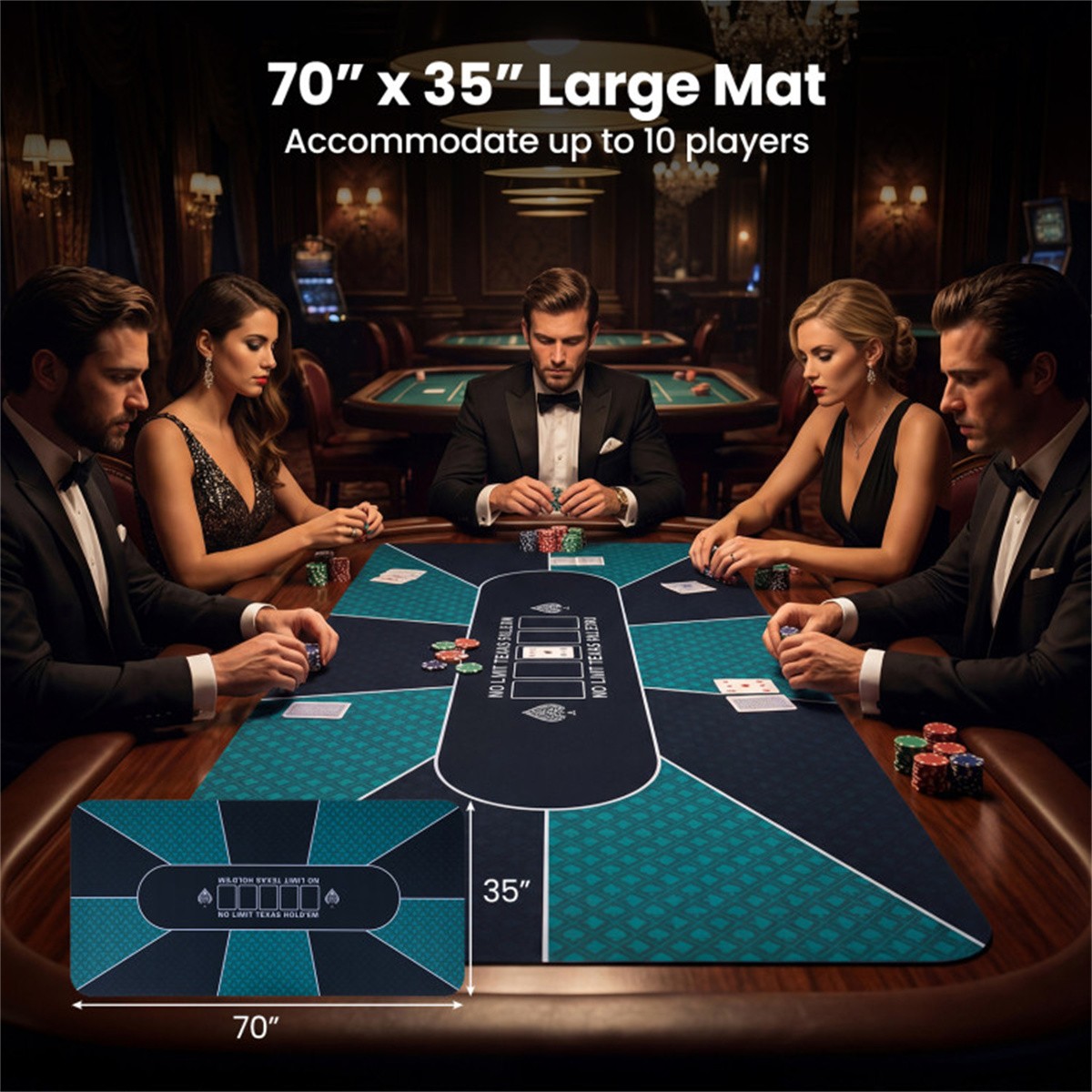 70″×35″ 10 Player Poker Table Mat Non-Slip Rubber Base w/ Carry Bag