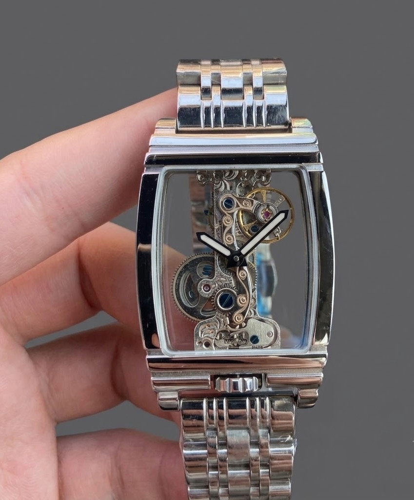 Luxury Tonneau Skeleton Mechanical Watch Transparent Bridge Movement Steel