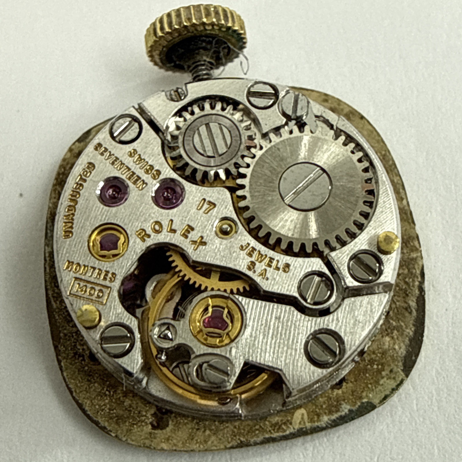 Genuine Rolex 1400 Complete Movement 18k Gold Dial Hands Crown Working Perfect