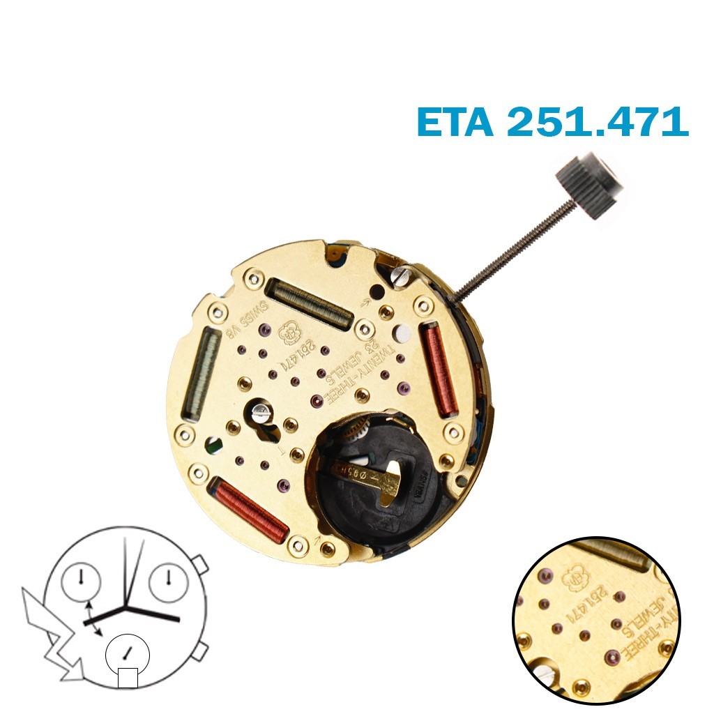 ETA 251.471 Swiss Chronograph Movement-H:6.56mm-Black Date at 6-3 Counter.