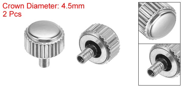 2Pcs 5×4.5mm Watch Crown SUS304 Flat Head Long Stem 2mm ID Silver Tone