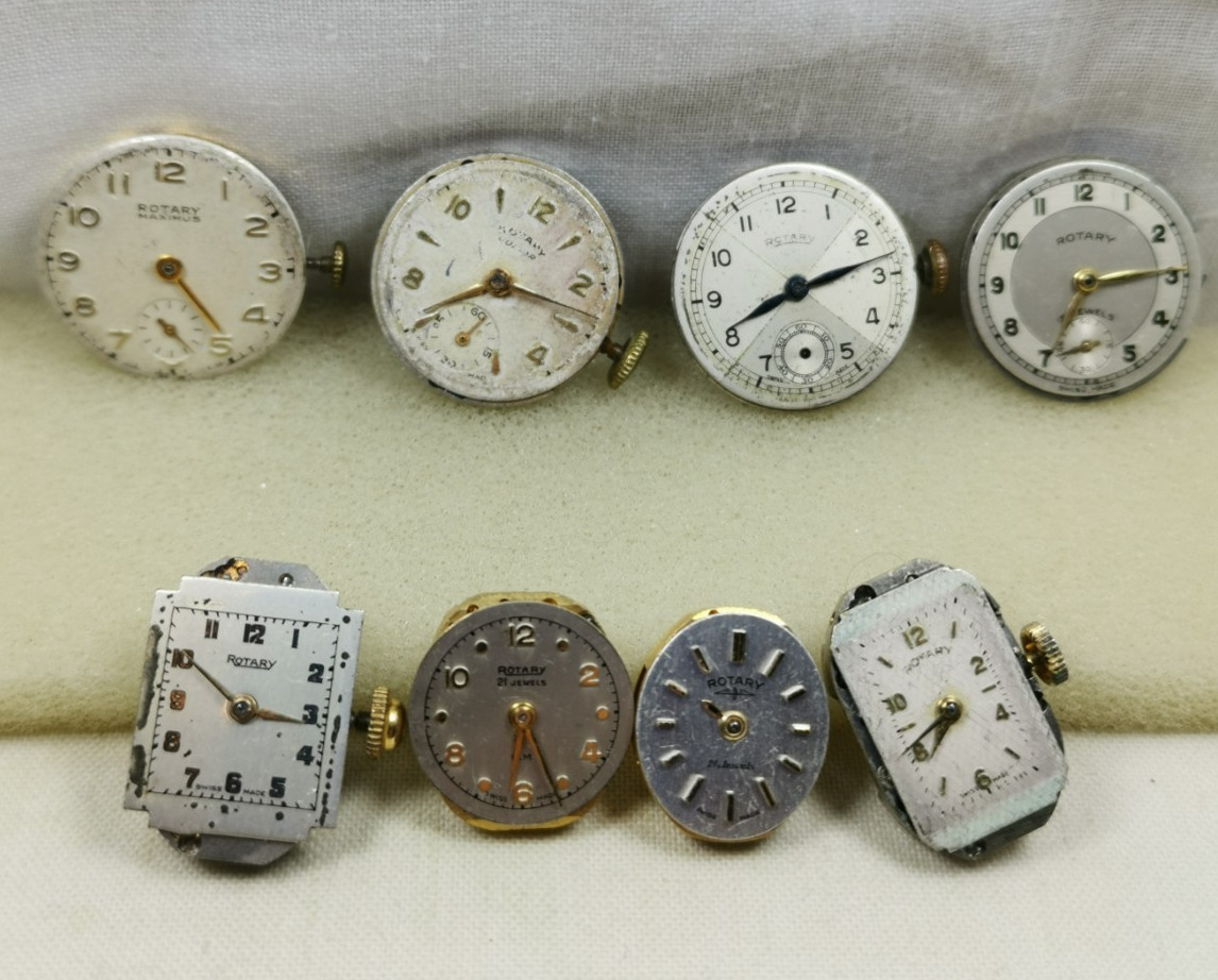 Lot 8 x Rotary Swiss Wristwatch Movements Repair/Parts