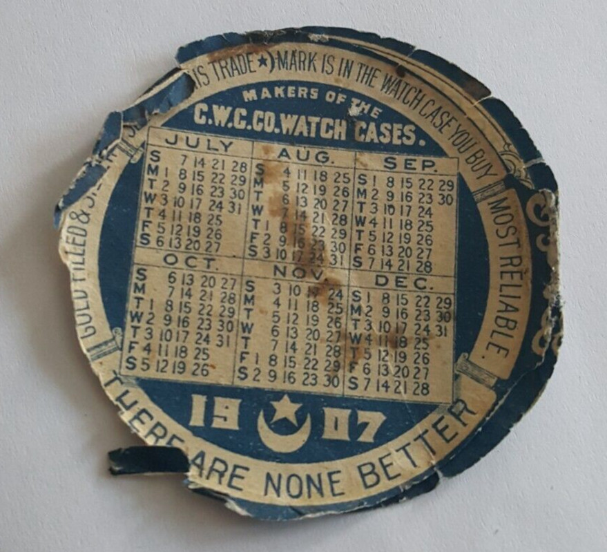 1907 Crescent Watch Case Co Paper Calendar Repair Insert Newark N.J.