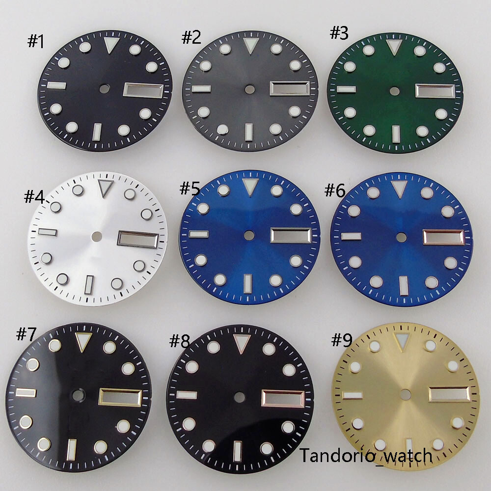 29mm Black Watches Dial Face For NH36A Movement Green Luminous Date Week Window