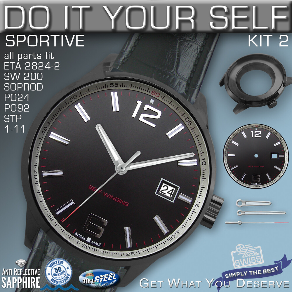DO IT YOURSELF KIT 2: SPORTIVE CASE 40MM, DIAL, HANDS, fit ETA 2824, SW200