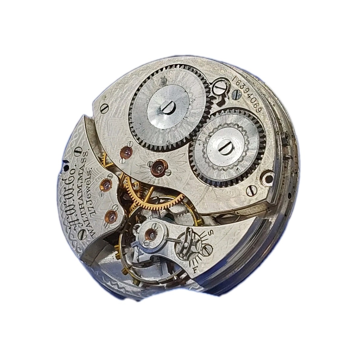 Waltham No 225 12s Movement Sunk Enamel Dial Hands Pocket Watch Parts 1742
