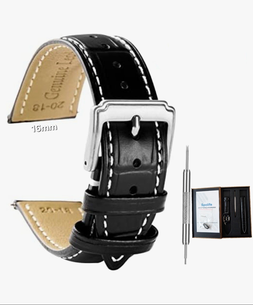 Leather Watch Strap Genuine 16mm Replacement Band, Black Watchstrap Silver Clasp