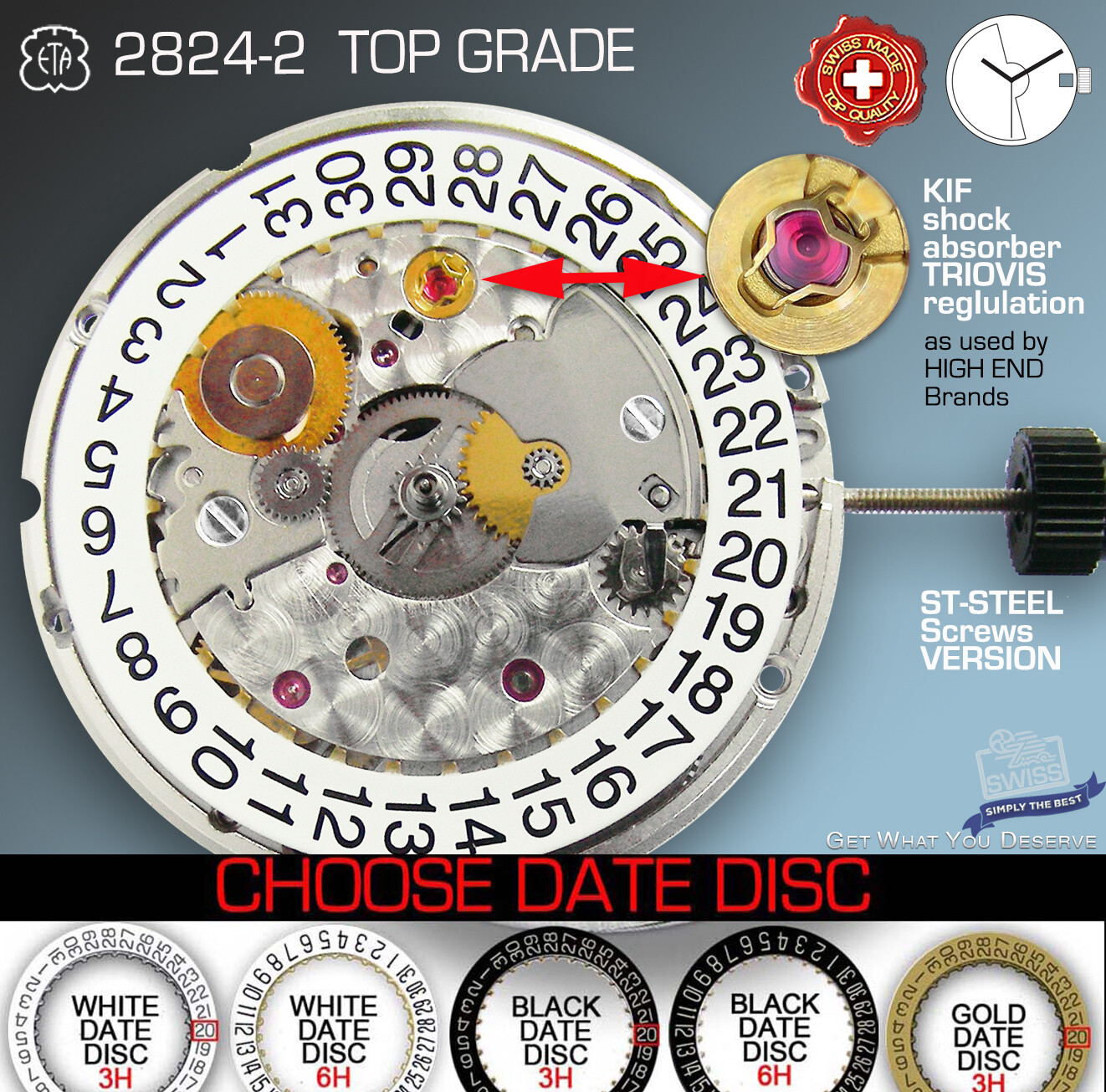 MOVEMENT AUTOMATIC ETA 2824-2 TOP GRADE, TRIOVIS REG. ST-SCREWS, 5 DATE VARI.