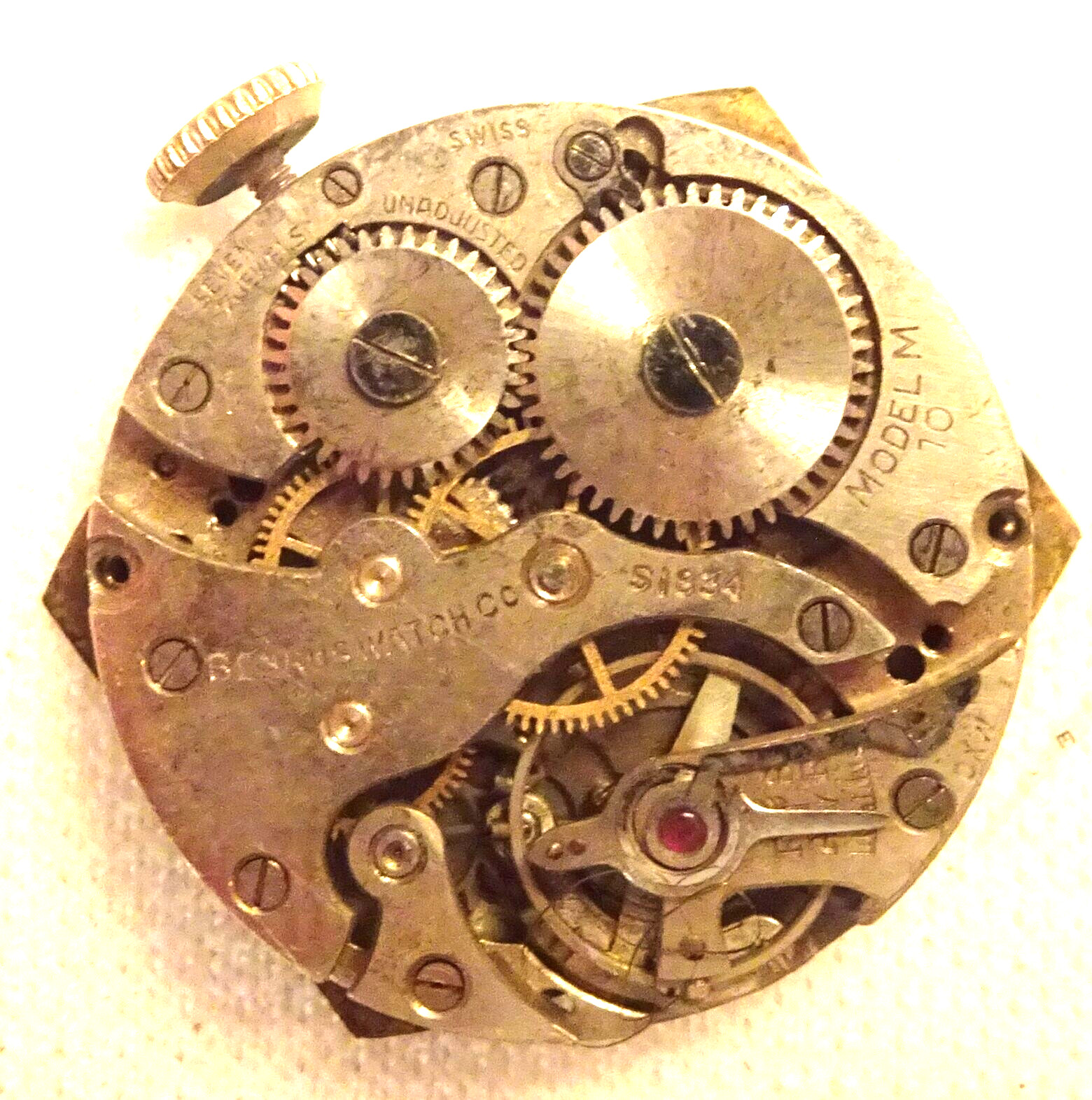 Benrus Wristwatch Movement 7J Swiss M10 Men’s Antique Parts or Repair