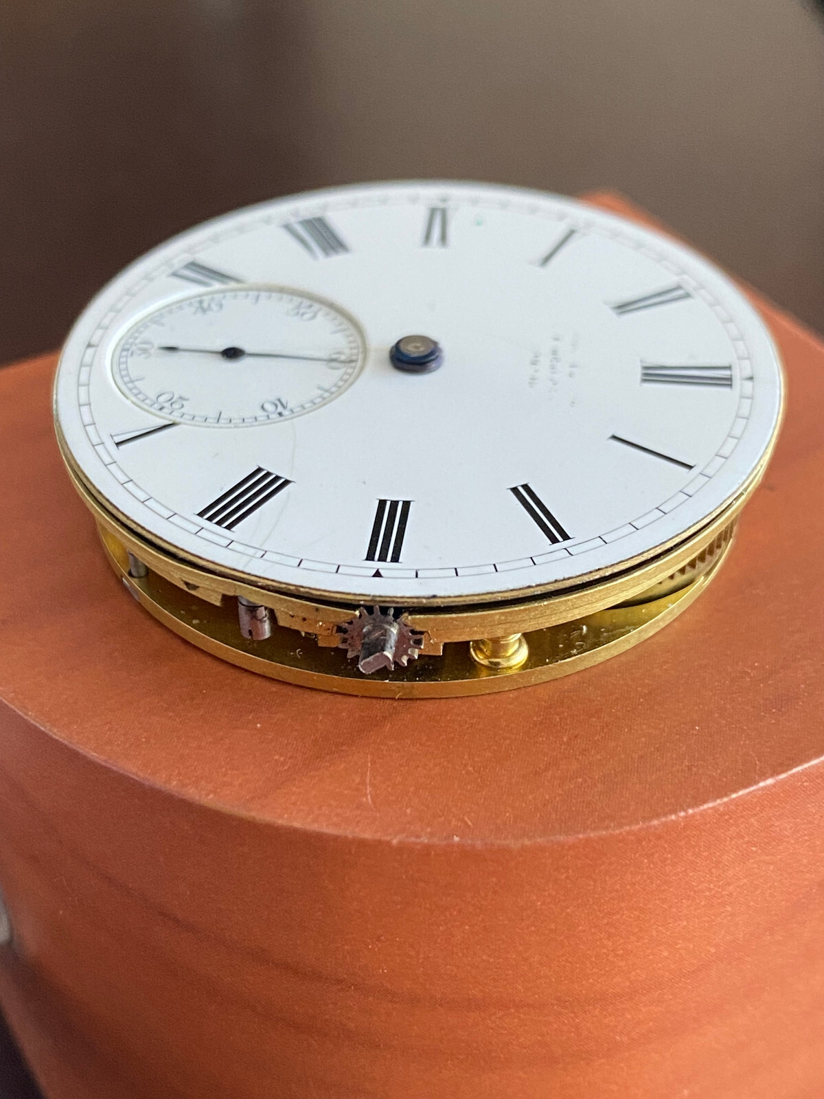 VINTAGE 41.4MM ENGLISH POCKET WATCH MOVEMENT, LONDON, NOT RUNNING, BAD STAFF