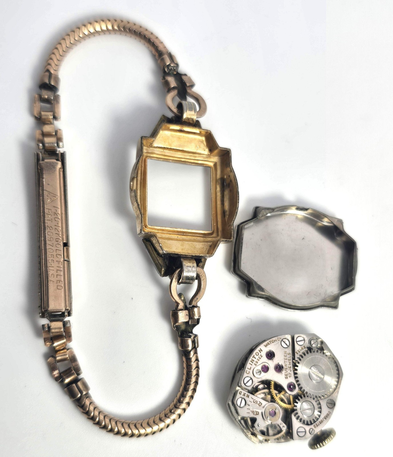 Art Deco Clinton gold filled wind up 17 jewel watch missing crystal face PARTS