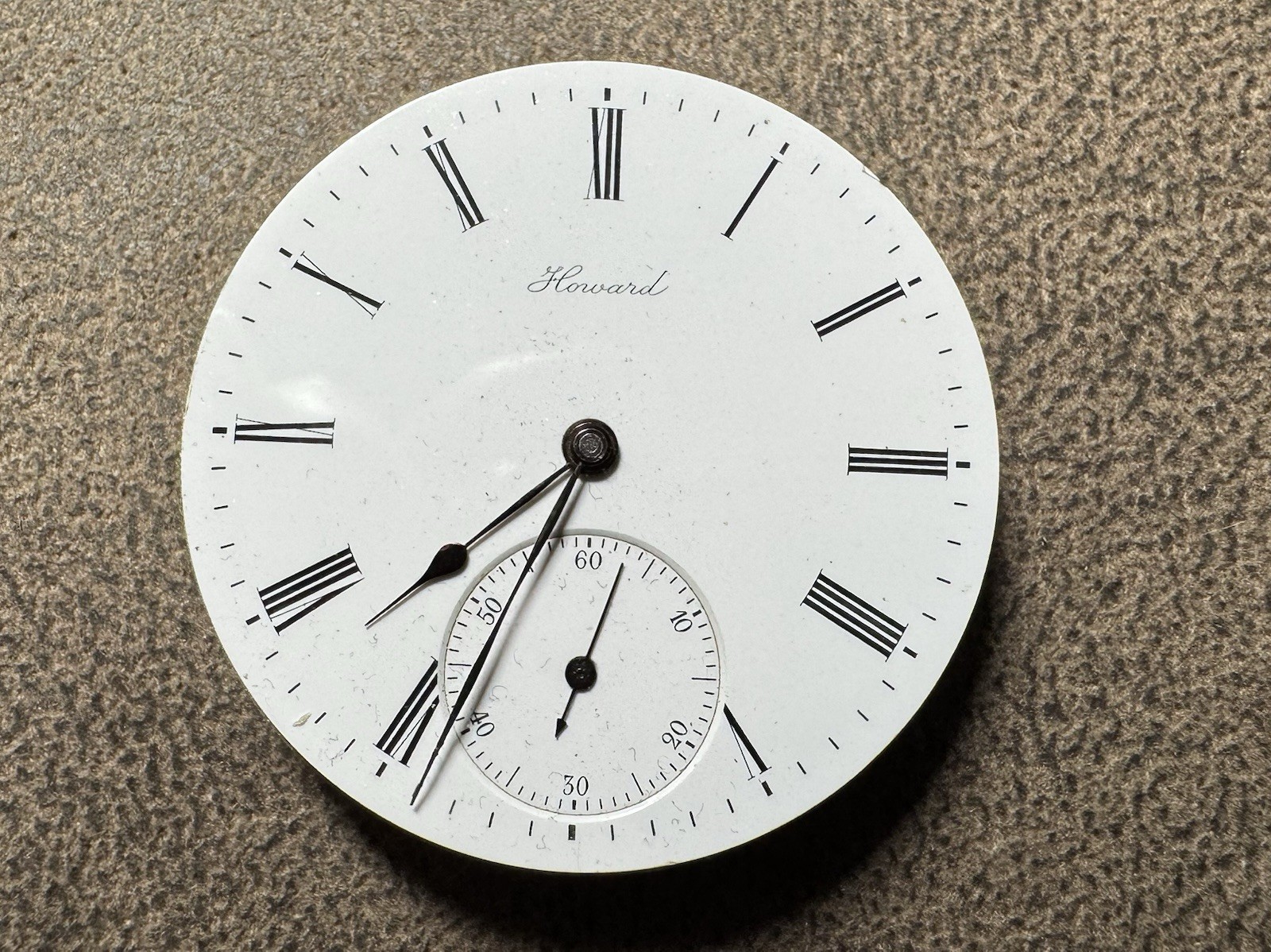 1906 HOWARD 16S 17J SERIES 3 ADJ TO 3 POS POCKET WATCH MOVEMENT & DIAL running